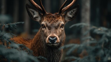 Fototapeta premium Captivating gaze of a majestic stag amidst the serene forest foliage