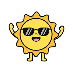 Happy cartoon sun character flexing muscles and wearing sunglasses, radiating strength and positive summer vibes