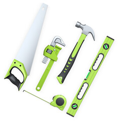 Naklejka na ściany i meble Various hand tools such as saw, screwdriver, hammer, wrench, pliers, and level isolated on white background with clipping path