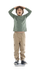 Emotional boy standing on scales at home