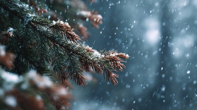 Evergreen Branch Adorned with Fresh Snowflakes in a Winter Scene