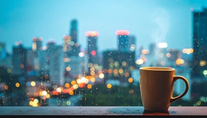 Warm Mug with City Lights Bokeh View From a Window