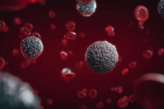 Norovirus and other enteric viruses floating in the human bloodstream among red blood cells, illustrating viral presence in systemic circulation