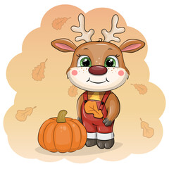 A cute cartoon Deer with pumpkin. Vector illustration of animal with vegetable and orange baclground with autumn leaves.