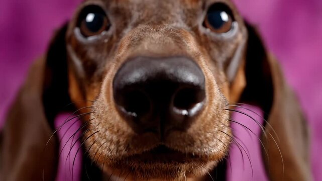 Close up of Brown Dachshund Dog Nose and Face on Purple Background
