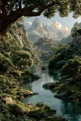 mysterious temple hidden in the tropical rainforest river landscape, sacred tree of life deep in the jungle, phantastic tropical paradise with ancient temple and river