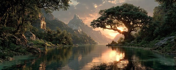 mysterious temple hidden in the tropical rainforest river landscape, sacred tree of life deep in the jungle, phantastic tropical paradise with ancient temple and river