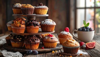 An assortment of freshly baked muffins displayed on a tiered wooden stand, with fruit garnishes nearby on a rustic wooden table