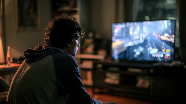 Young man enjoys an immersive gaming experience in a cozy, dimly lit living room during the evening hours