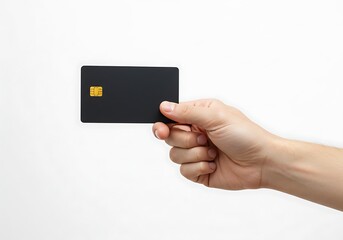 Hand holding a black credit card against a white background