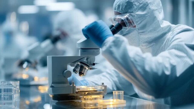 Scientists conduct pharmaceutical research in a sterile laboratory environment, focusing on microscopic analysis of biological samples
