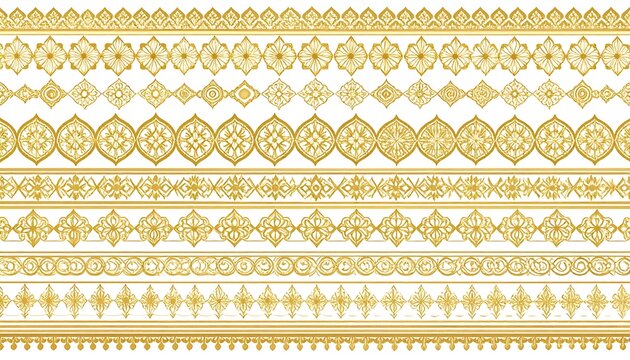 An assortment of intricate, symmetrical golden border designs, on a clean white background, showcasing detailed ornamental patterns
