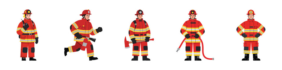 Collection of Five Firefighters in Uniform Demonstrating Firefighting Equipment and Actions