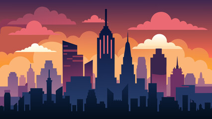Stylized city skyline at sunset with dramatic clouds