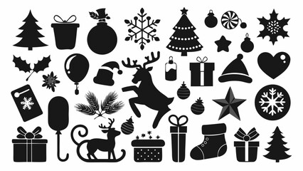 Collection of black christmas icons and silhouettes on white background