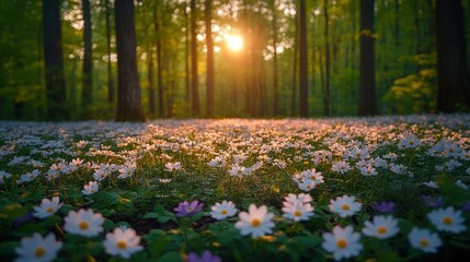 Obraz premium Blooming Wildflowers in a Sunlit Spring Forest