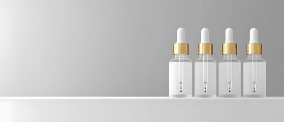 Elegant clear serum bottles with golden accents on gray background