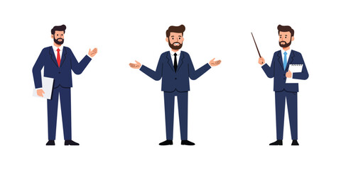 Dynamic vector set of a professional businessman presenting, explaining, and communicating ideas effectively
