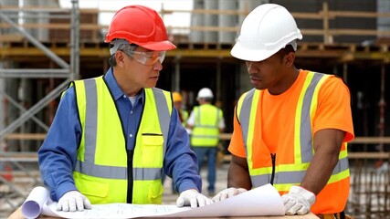 Two diverse engineers collaborating over blueprints at a construction site. 