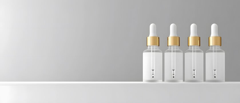 Elegant clear serum bottles with golden accents on gray background