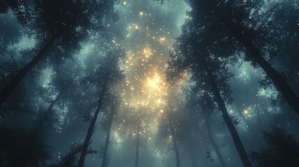 Obraz premium Enchanted Night Scene in Forest with Moonlight Filtering Through Trees