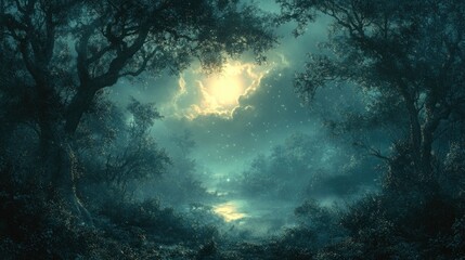 Obraz premium Enchanting Night Forest Scene with Moonlight Filtering Through Trees