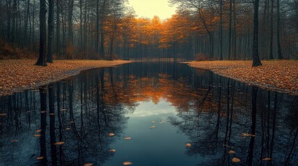 Obraz premium Tranquil Forest Lake with Perfect Reflection of Autumn Trees