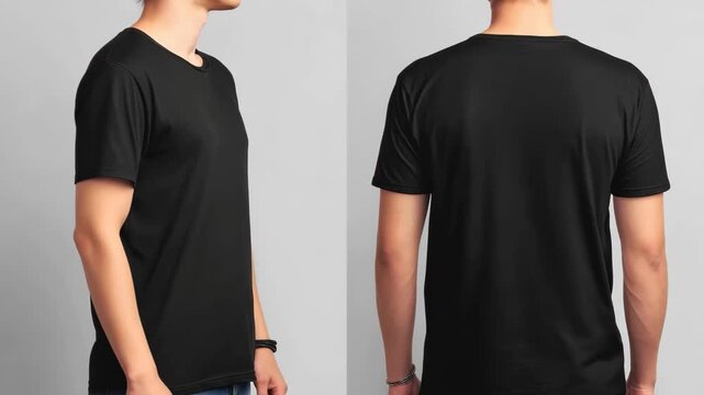 Mockup of plain black t-shirt displayed from front and back views showcasing simple and versatile design suitable for casual wear