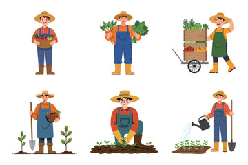 Obraz premium Farmer character set showing planting, watering, and harvesting fresh produce