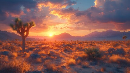 Fototapeta premium Sunset Over Desert Landscape with Joshua Trees and Dramatic Skies