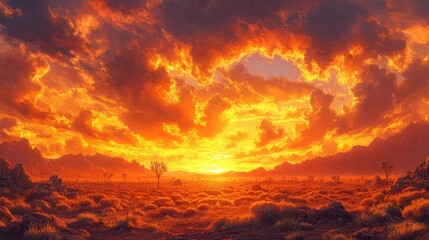 Dramatic Desert Sunset with Scattered Joshua Trees and Vibrant Skies