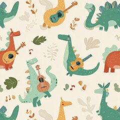 Obraz premium Playful Dinosaurs in a Vibrant Nature Illustration: Cute Cartoon Characters with Guitar and Colorful Leaves for Joyful Children's Entertainment and Creative Playtime Design