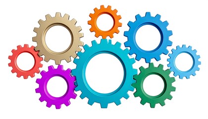 An illustration of a mechanical system, composed of colorful interlocking cogwheels, arranged in a complex formation against a white background