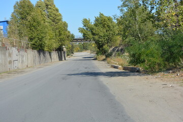 Beautiful and bright nature, a gray road with gray cedar, a fence, a curb and gray sand on the side of the road, large deciduous trees, a blue sky.
