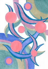 An abstract composition of smooth, curved lines and circles. The primary colors are pink, blue, purple, and greenish-olive. The shapes intertwine.