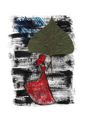 A stylized female figure in a long red dress and hat, holding a large green leaf above her like an umbrella. The background is rendered in abstract black and white brushstrokes with blue accents.
