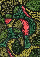An abstract pattern created using a technique reminiscent of organic mosaics. The composition consists of numerous circles and oval shapes, united into fluid structures reminiscent of plant cells.