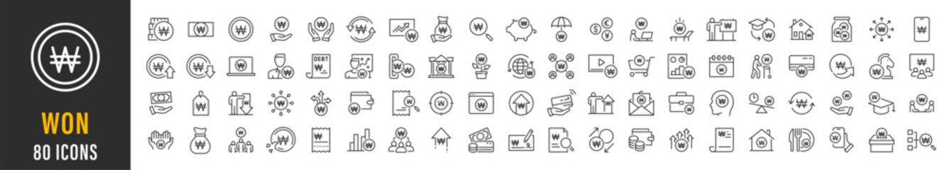 Obraz premium Won web icon set. Payment, banknotes, exchange, price, cash, coins, bank, earning, money bag, finance, shop, income, piggy, invest, business, pack. Vector illustration collection.