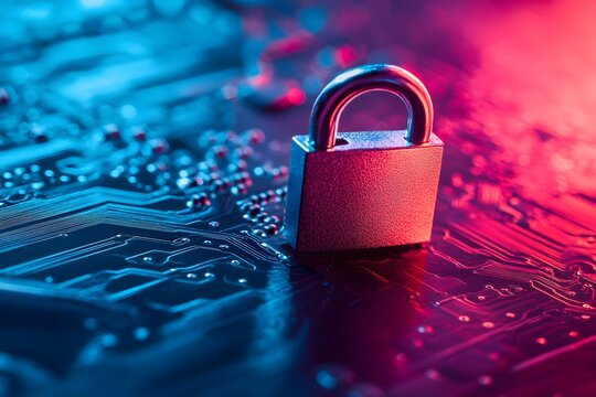 Cyber security lock on computer motherboard, digital data protection concept