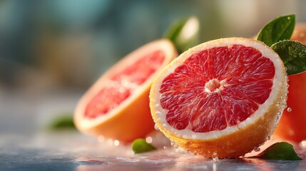 Freshly Cut Grapefruit Halves Displaying Vibrant Texture and Juiciness Close-Up