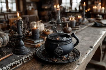 Rustic Halloween Table Setting with Witch's Cauldron and Candlelit Ambiance