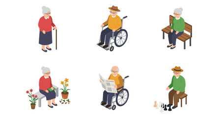 Elderly activities: isometric seniors engaging in various leisure pursuits