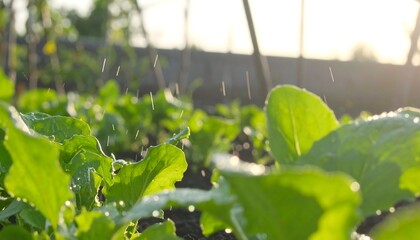 Watering Garden Plants with Water Drops Under Sunlight