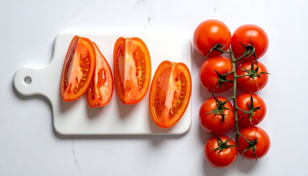 Overhead shot of fresh tomatoes, some sliced, on a white cutting board and vine, set against a marble surface - Powered by Adobe