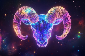 Aries Zodiac Symbol Made of Holographic Crystal Illustration