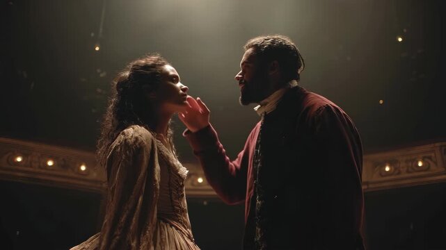 Cinematic camera pan reveals emotional confrontation between two actors in period costumes on a dimly lit theater stage