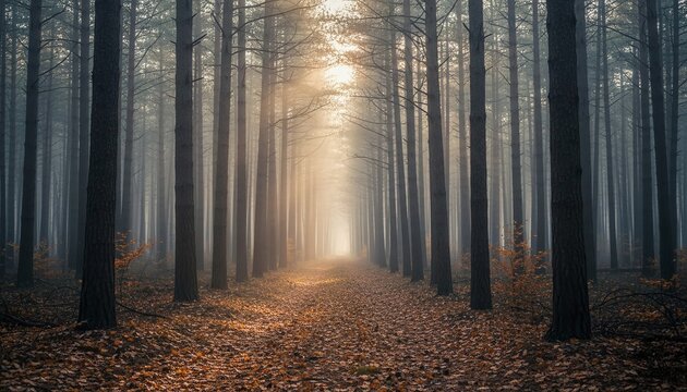 Generative AI image of a cinematic autumn landscape with colorful fall trees, golden leaves, misty forest path, lake reflections, warm sunlight, vibrant nature, realistic fall scenery
