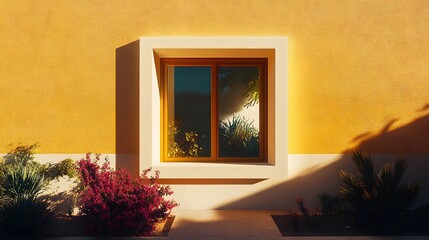 Window reflects garden view on yellow wall with sunlight creating contrast