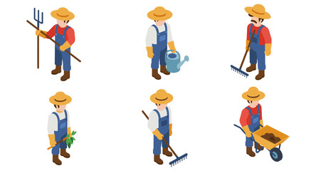 Obraz premium Isometric farmer set with gardening tools and equipment in different poses