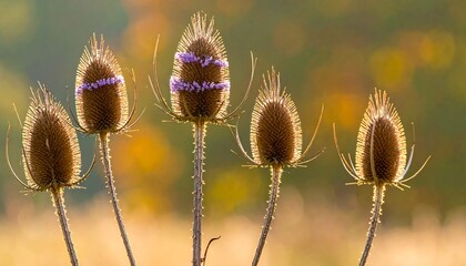 Obraz premium Close-up of dried teasel plants, illuminated by sunlight against a blurred autumnal background, showing intricate seed heads